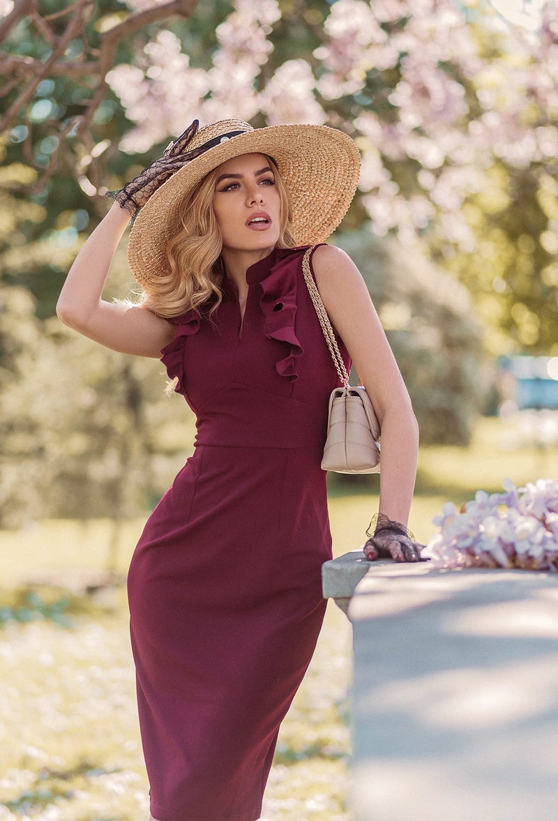 Knitee Women's Vintage Ruffle Sleeve V-Neck Bodycon Evening Party Cocktail Pencil Sheath Dress (Burgundy, Medium) - Image 3